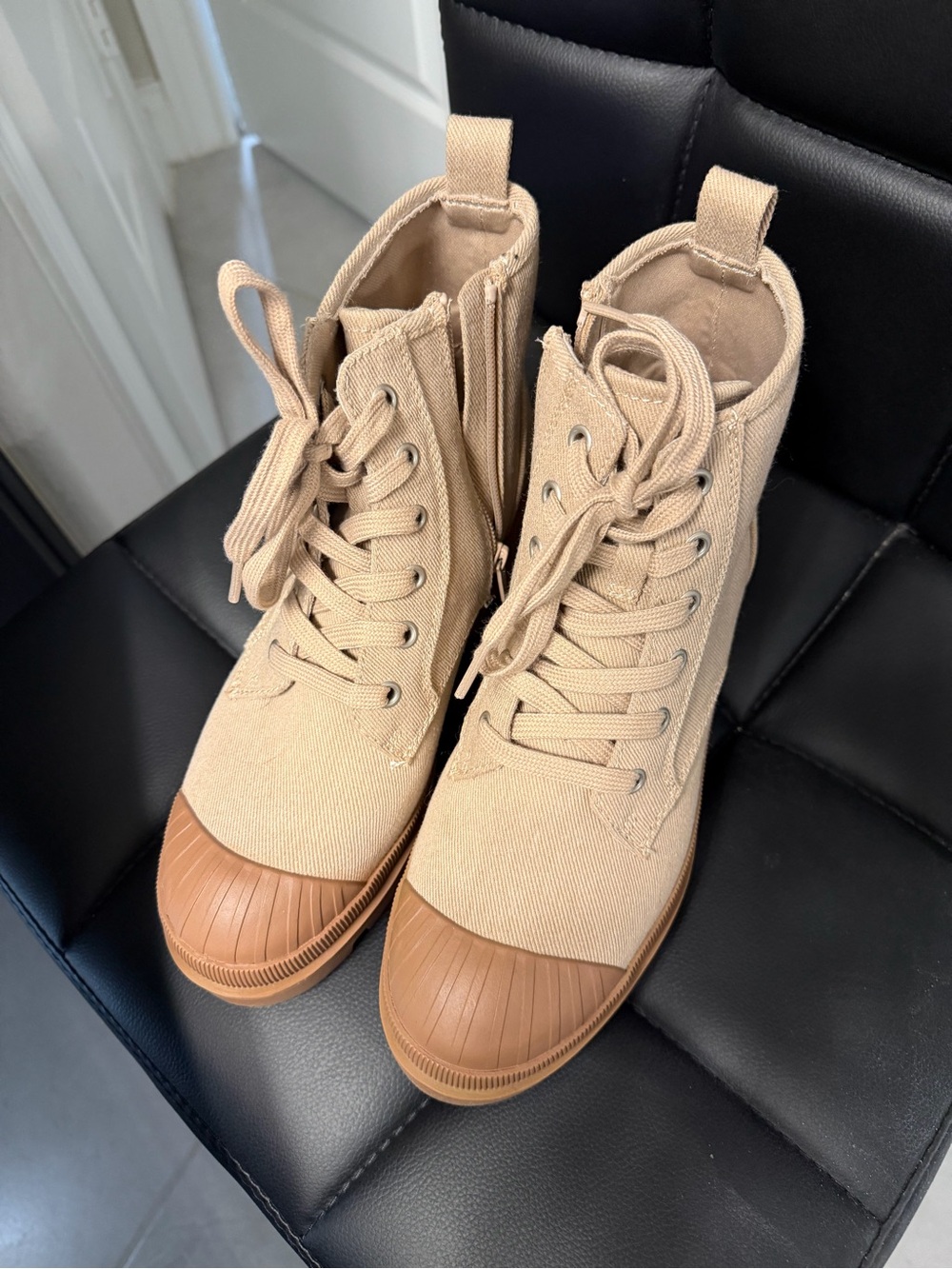 Target Women's Beige Canvas Lace-Up Boots with Brown Toe